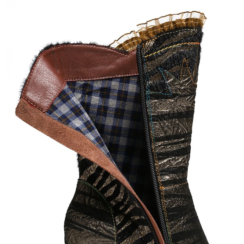 Dames Lace Design Metaalkleur Zebrapatroon Spitse Teen Rits Blokhak Westernlaarzen