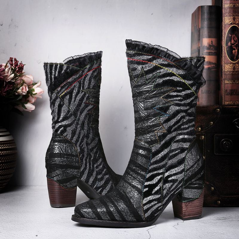Dames Lace Design Metaalkleur Zebrapatroon Spitse Teen Rits Blokhak Westernlaarzen