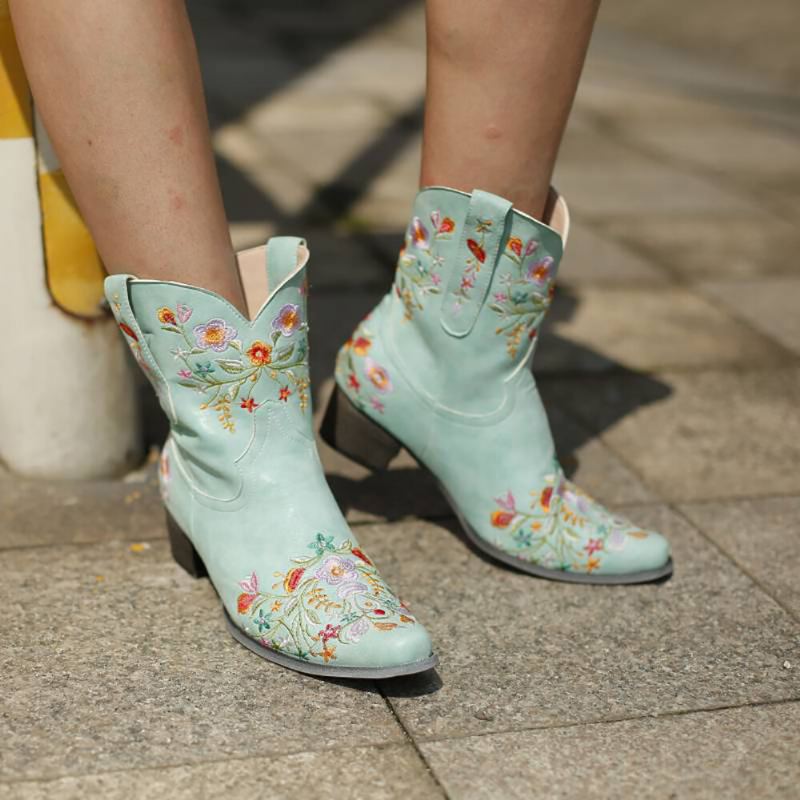 Grote Maat Vrouwen Retro Geborduurde Puntige Teen Chunky Hak Slip Op Cowboy Laarzen