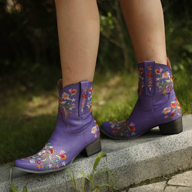 Grote Maat Vrouwen Retro Geborduurde Puntige Teen Chunky Hak Slip Op Cowboy Laarzen