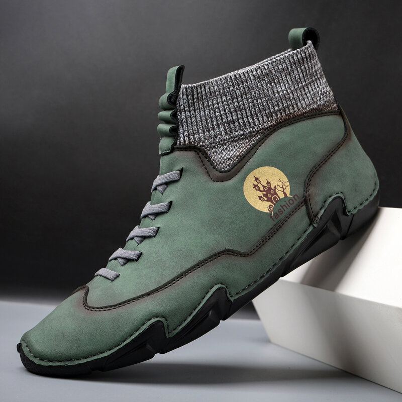 Heren Microfiber Leer Ademende Zachte Bodem Antislip Lace Up Comfy Casual Sok Laarzen