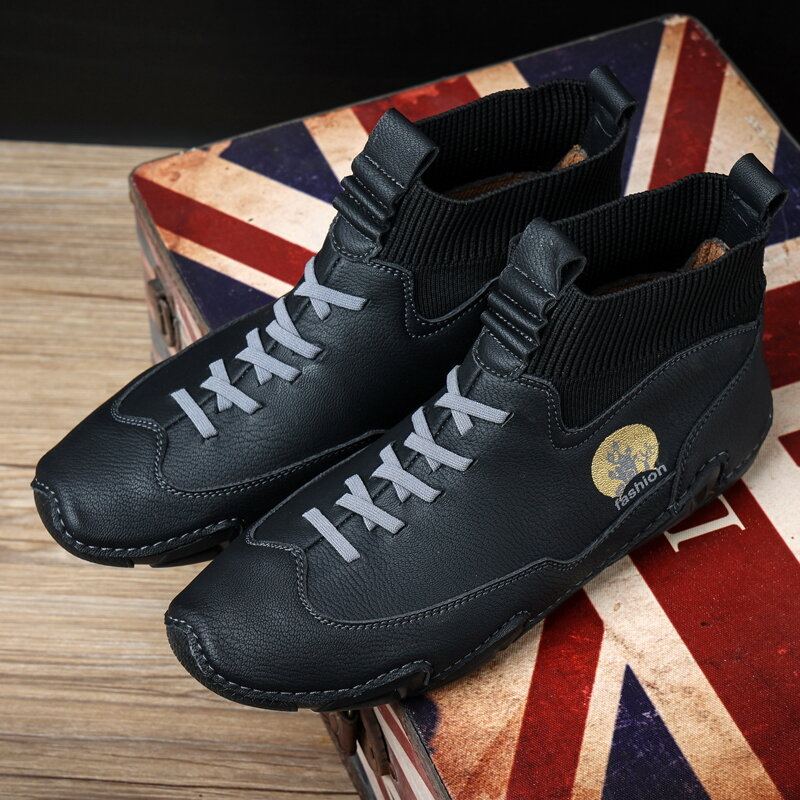 Heren Microfiber Leer Ademende Zachte Bodem Antislip Lace Up Comfy Casual Sok Laarzen