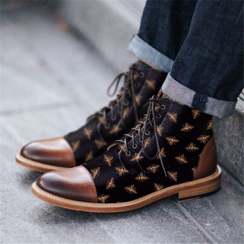 Mannen Britse Stijl Cap Toe Splicing Bijen Gedrukte Doek Enkel Jack Laarzen