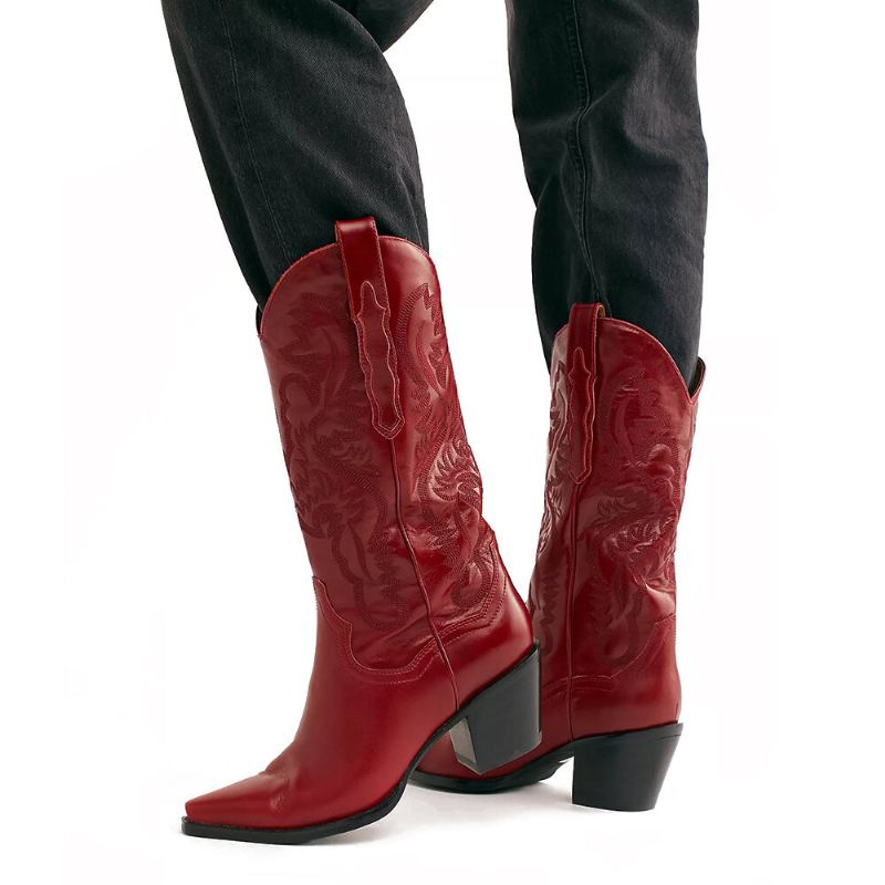 Plus Maat Retro Dames Bloemen Chunky Hak Halfhoge Cowboylaarzen