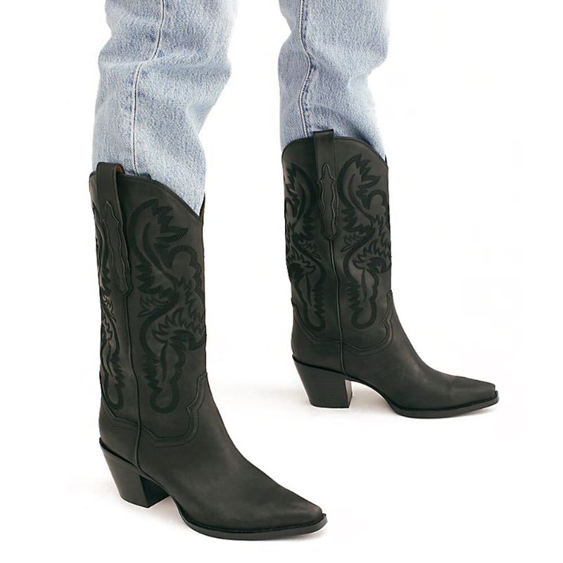 Plus Maat Retro Dames Bloemen Chunky Hak Halfhoge Cowboylaarzen