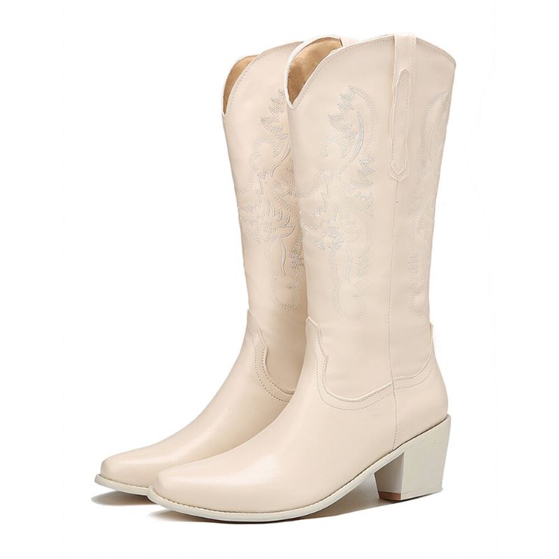 Plus Maat Retro Dames Bloemen Chunky Hak Halfhoge Cowboylaarzen