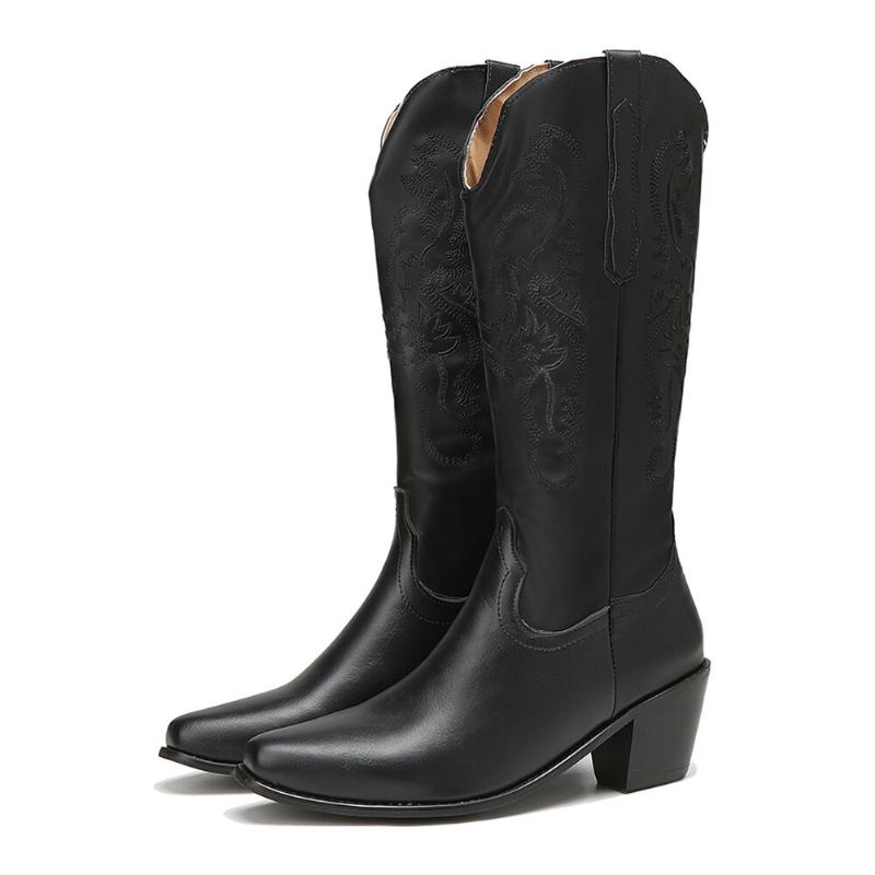 Plus Maat Retro Dames Bloemen Chunky Hak Halfhoge Cowboylaarzen