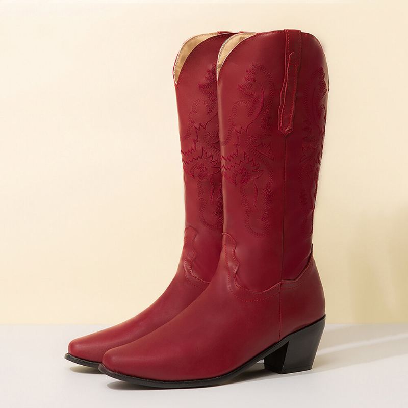 Plus Maat Retro Dames Bloemen Chunky Hak Halfhoge Cowboylaarzen