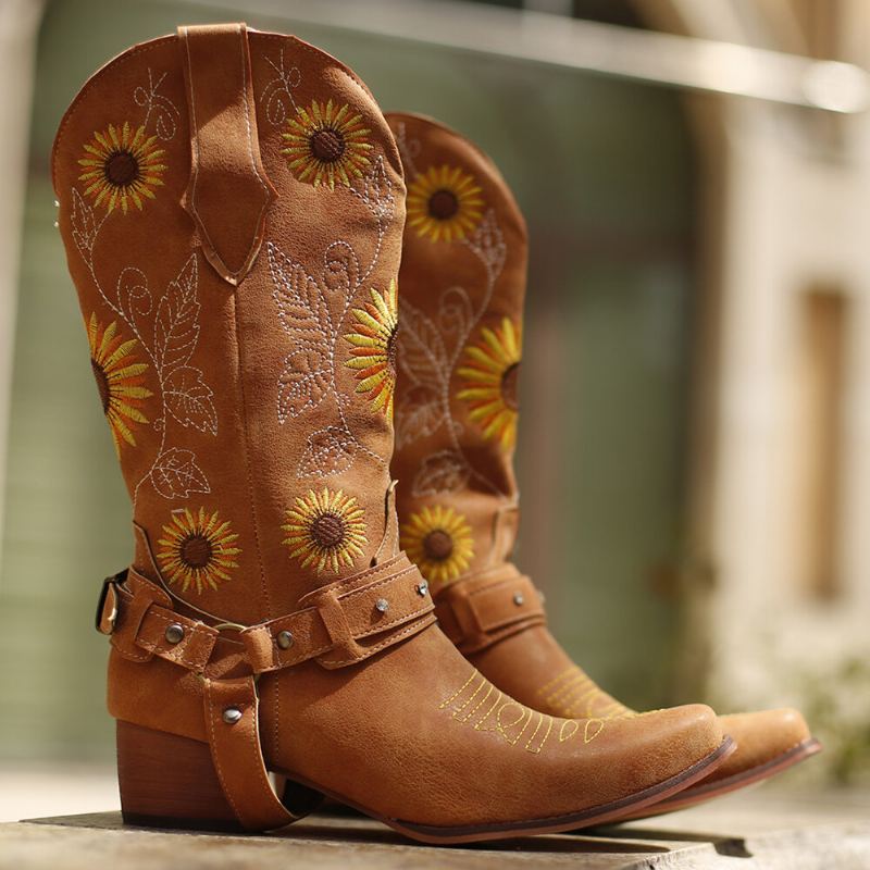 Vrouwen Retro Zonnebloemen Patroon Puntschoen Chunky Hak Harnas Cowboylaarzen