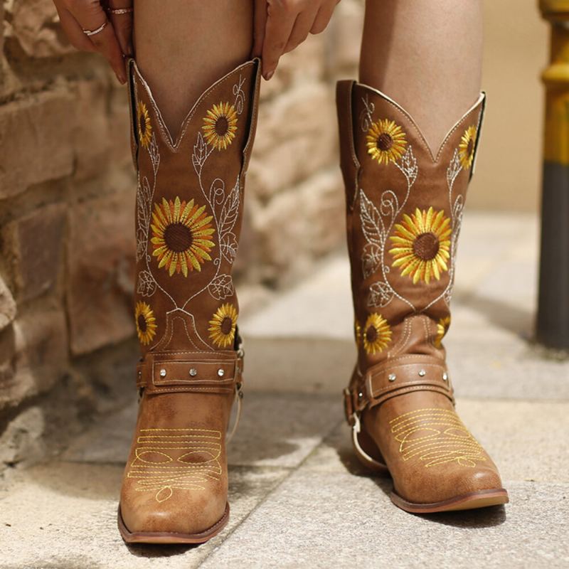 Vrouwen Retro Zonnebloemen Patroon Puntschoen Chunky Hak Harnas Cowboylaarzen