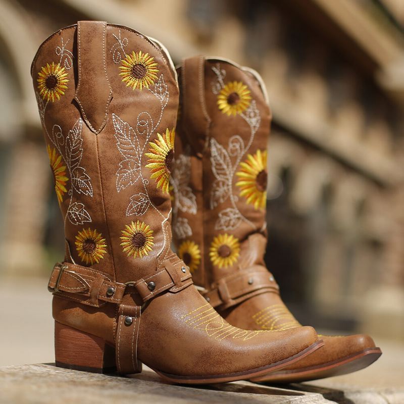 Vrouwen Retro Zonnebloemen Patroon Puntschoen Chunky Hak Harnas Cowboylaarzen
