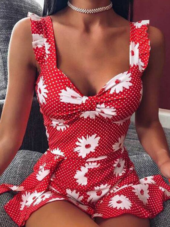 Casual Ruffle Twist Daisy V-hals Mouwloze Mini-jurk