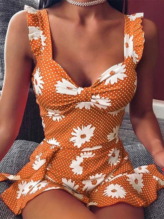 Casual Ruffle Twist Daisy V-hals Mouwloze Mini-jurk
