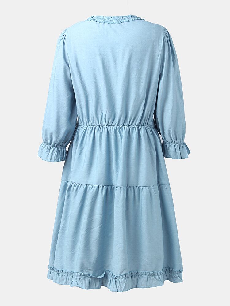 Effen Kleur V-hals 3/4 Mouw Patchwork Casual Jurk Voor Dames