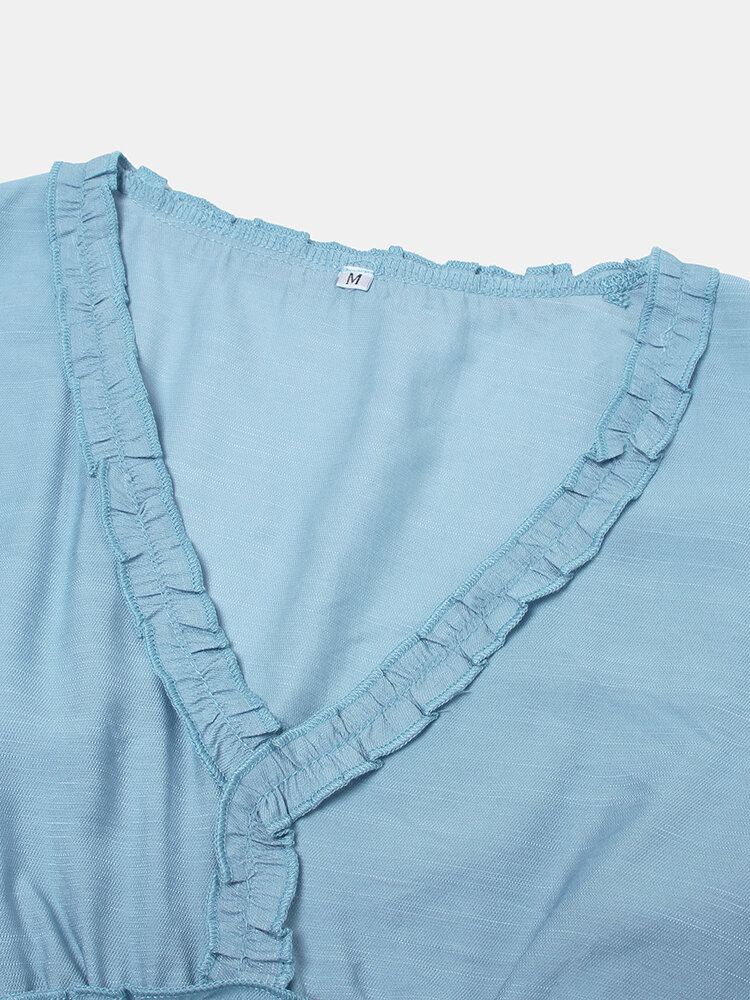 Effen Kleur V-hals 3/4 Mouw Patchwork Casual Jurk Voor Dames