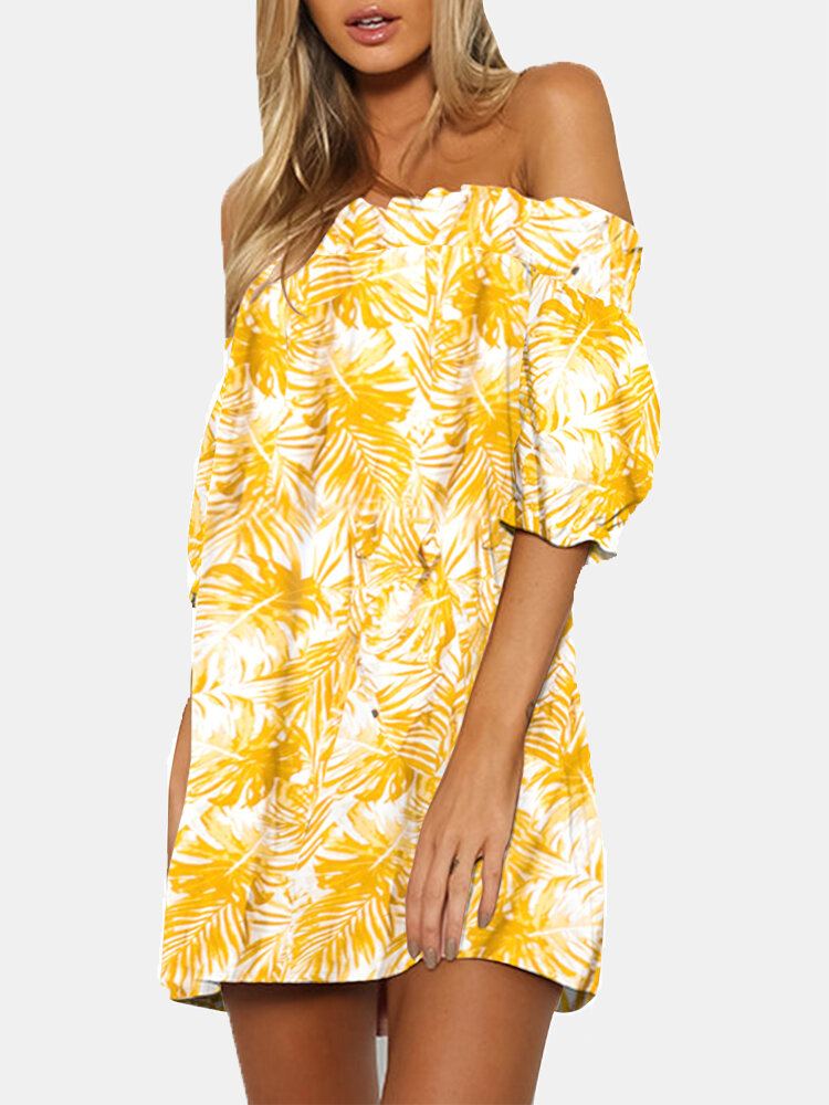 Tropische Planten Print Off-shoulder Zomer Vakantie Mini-jurk