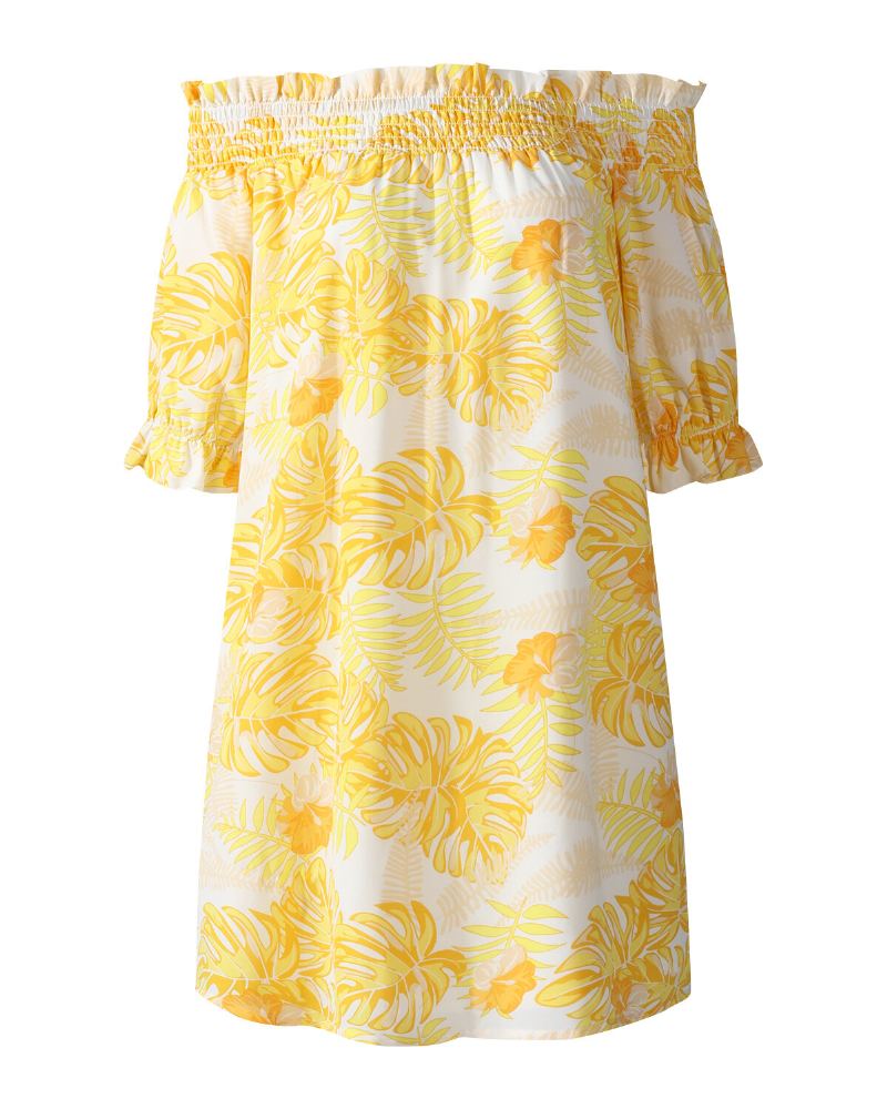 Tropische Planten Print Off-shoulder Zomer Vakantie Mini-jurk