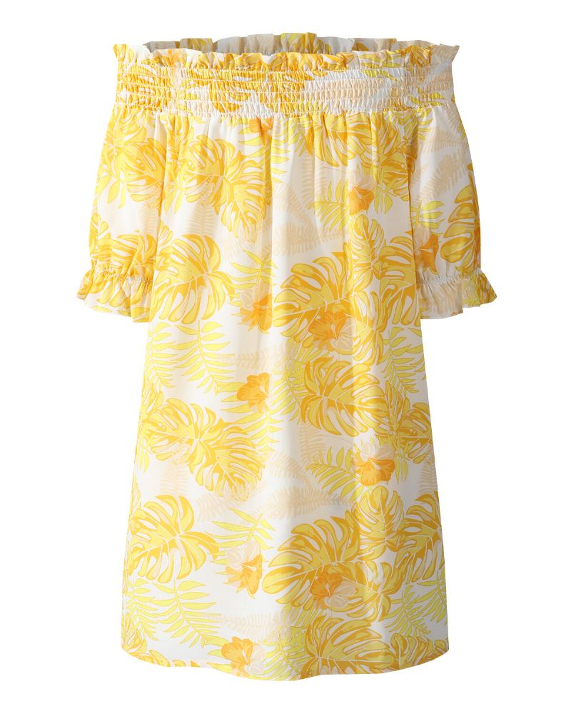 Tropische Planten Print Off-shoulder Zomer Vakantie Mini-jurk