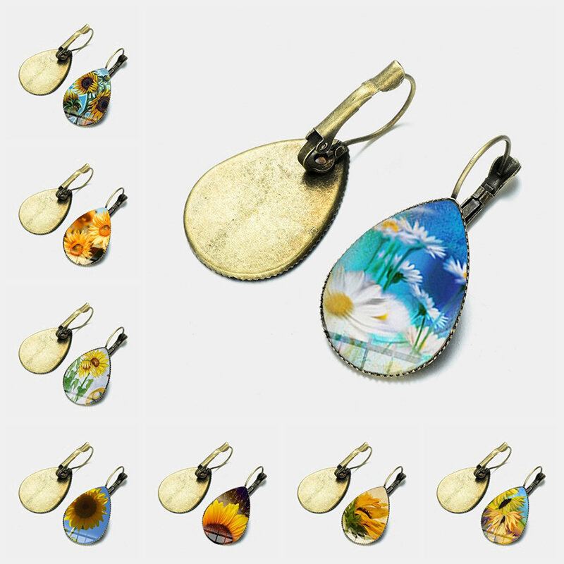Bohemian Zon Bloemenprint Oorbellen Water Drop Shape Zonnebloem Gem Mount Oorhaak Vrouwen Sieraden Geschenken