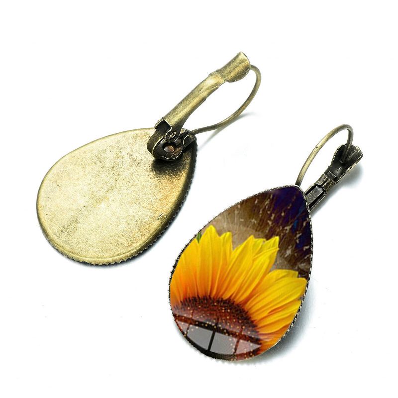 Bohemian Zon Bloemenprint Oorbellen Water Drop Shape Zonnebloem Gem Mount Oorhaak Vrouwen Sieraden Geschenken