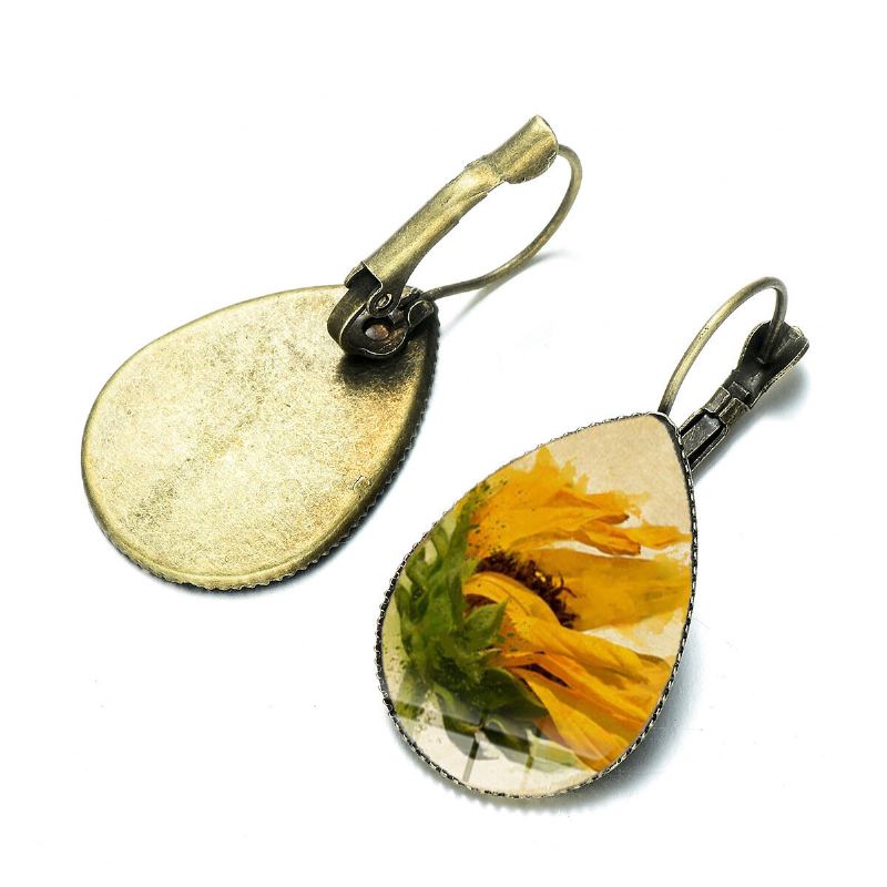 Bohemian Zon Bloemenprint Oorbellen Water Drop Shape Zonnebloem Gem Mount Oorhaak Vrouwen Sieraden Geschenken