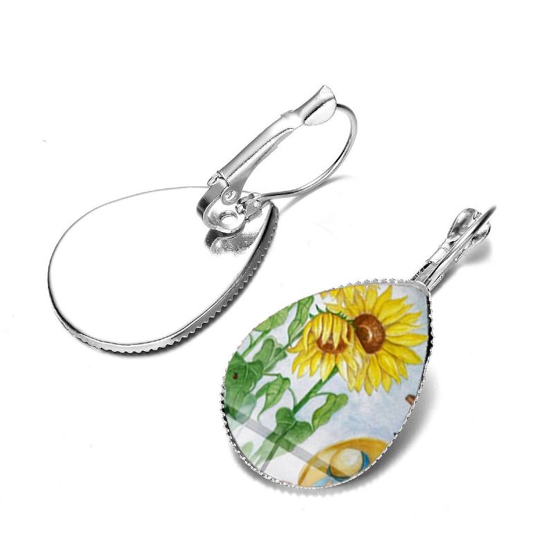 Bohemian Zon Bloemenprint Oorbellen Water Drop Shape Zonnebloem Gem Mount Oorhaak Vrouwen Sieraden Geschenken