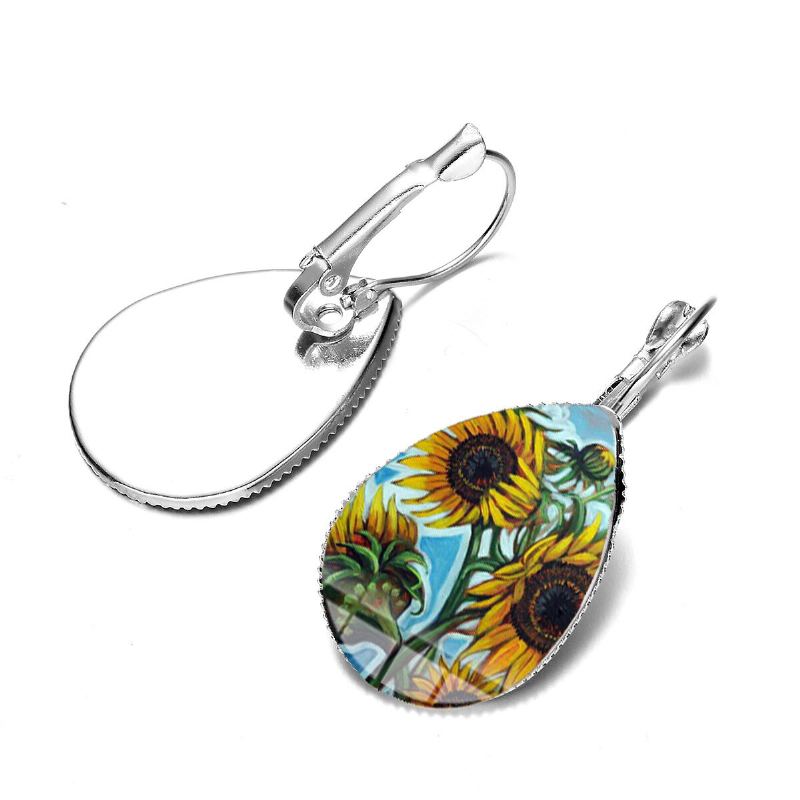 Bohemian Zon Bloemenprint Oorbellen Water Drop Shape Zonnebloem Gem Mount Oorhaak Vrouwen Sieraden Geschenken