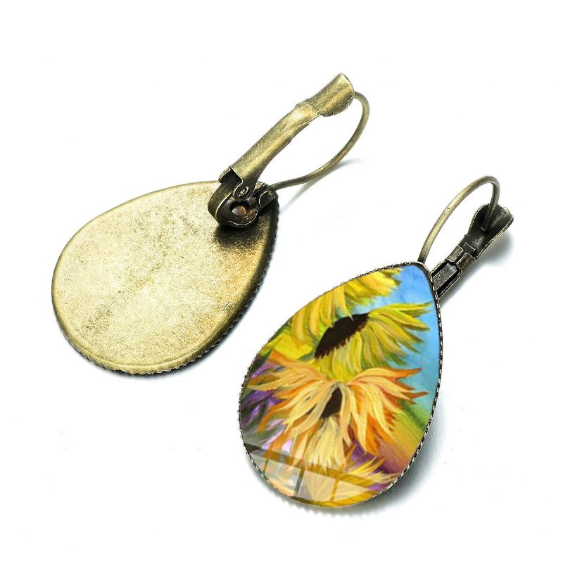 Bohemian Zon Bloemenprint Oorbellen Water Drop Shape Zonnebloem Gem Mount Oorhaak Vrouwen Sieraden Geschenken