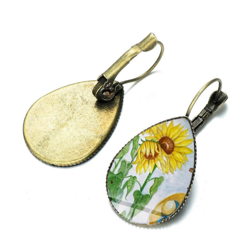 Bohemian Zon Bloemenprint Oorbellen Water Drop Shape Zonnebloem Gem Mount Oorhaak Vrouwen Sieraden Geschenken