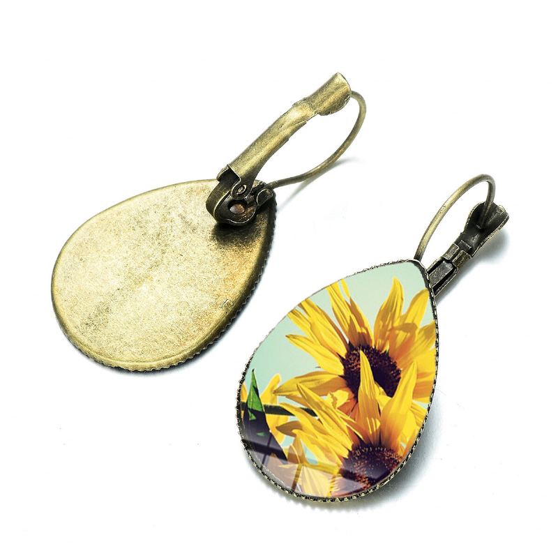 Bohemian Zon Bloemenprint Oorbellen Water Drop Shape Zonnebloem Gem Mount Oorhaak Vrouwen Sieraden Geschenken
