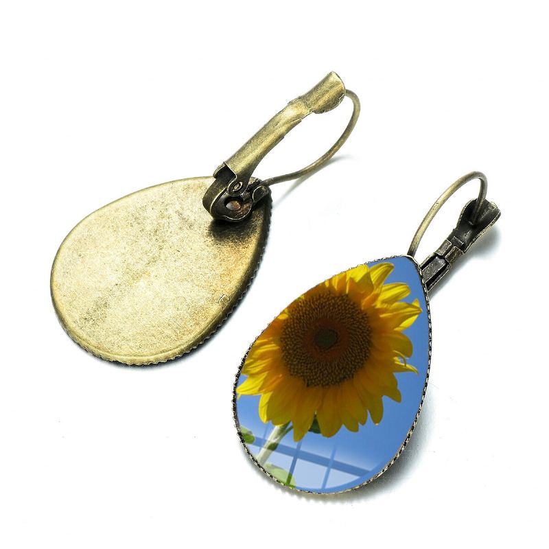 Bohemian Zon Bloemenprint Oorbellen Water Drop Shape Zonnebloem Gem Mount Oorhaak Vrouwen Sieraden Geschenken