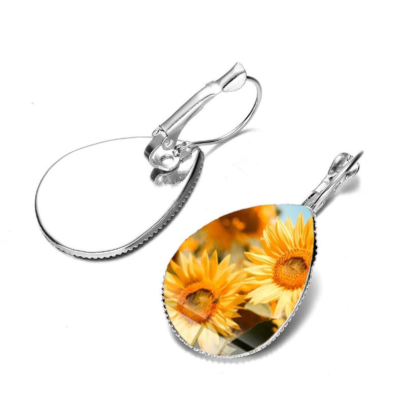 Bohemian Zon Bloemenprint Oorbellen Water Drop Shape Zonnebloem Gem Mount Oorhaak Vrouwen Sieraden Geschenken