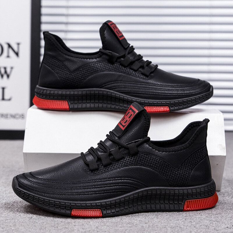 Heren Leer Ademende Zachte Zool Non Slip Lace Up Comfy Casual Sportschoenen