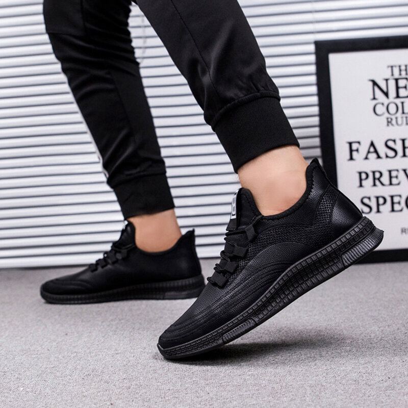 Heren Leer Ademende Zachte Zool Non Slip Lace Up Comfy Casual Sportschoenen