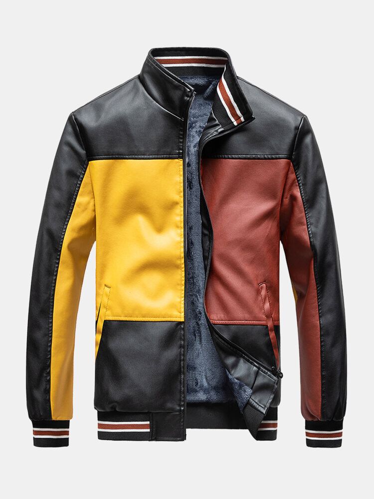 Heren Colorblock Patchwork Pu Lederen Rits Voor Revers Kraag Dikkere Jassen