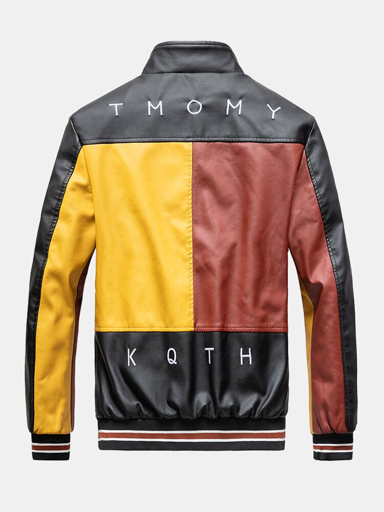 Heren Colorblock Patchwork Pu Lederen Rits Voor Revers Kraag Dikkere Jassen