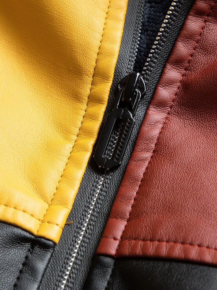 Heren Colorblock Patchwork Pu Lederen Rits Voor Revers Kraag Dikkere Jassen