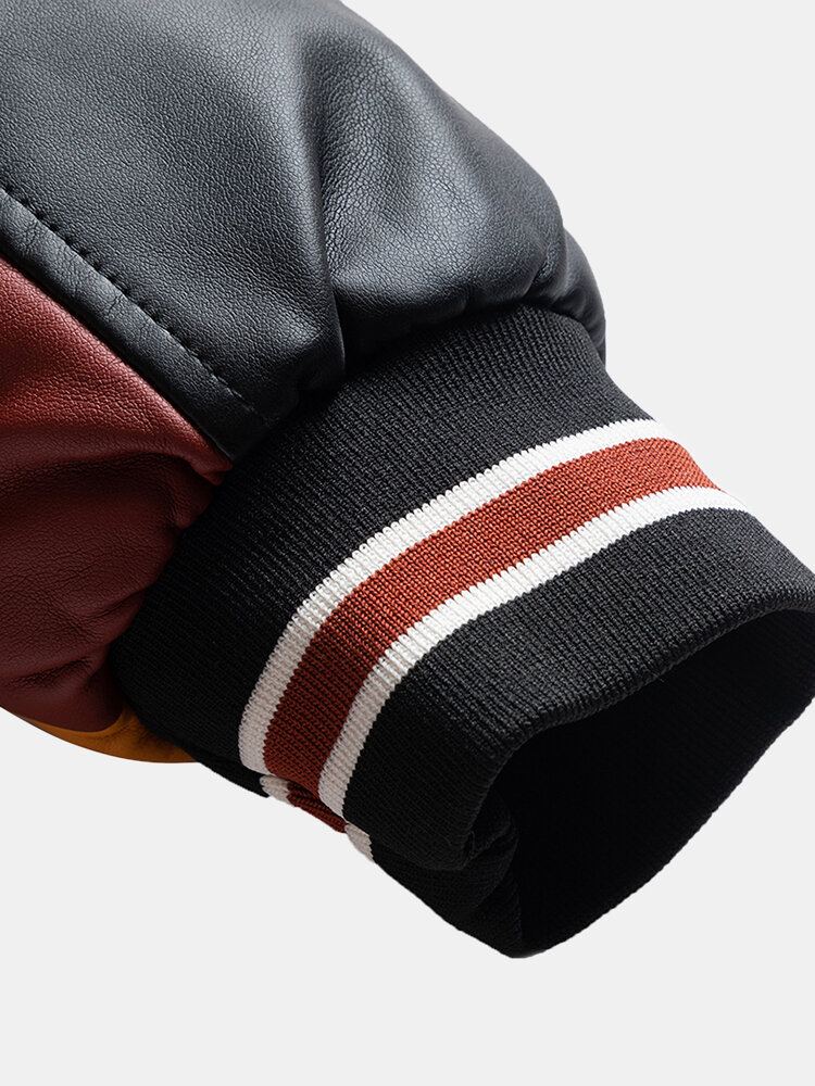 Heren Colorblock Patchwork Pu Lederen Rits Voor Revers Kraag Dikkere Jassen