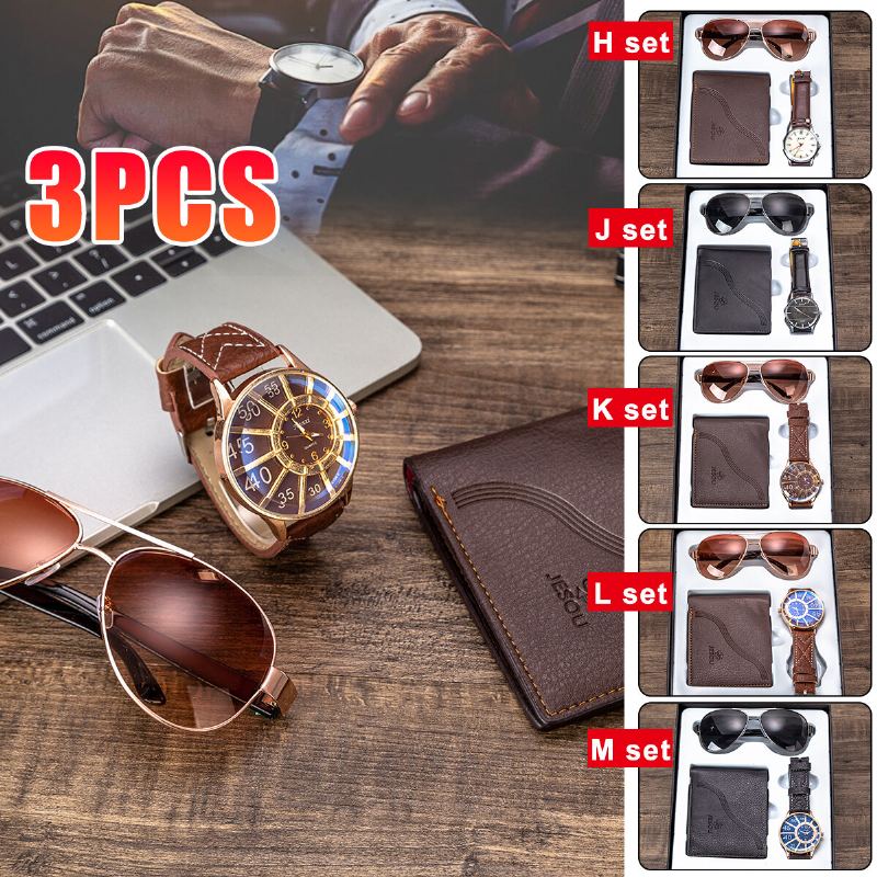 3 Stks Herenmode Geschenkset Zakelijke Stijl Quartz Horloge + Portemonnee + Zonnebril Set