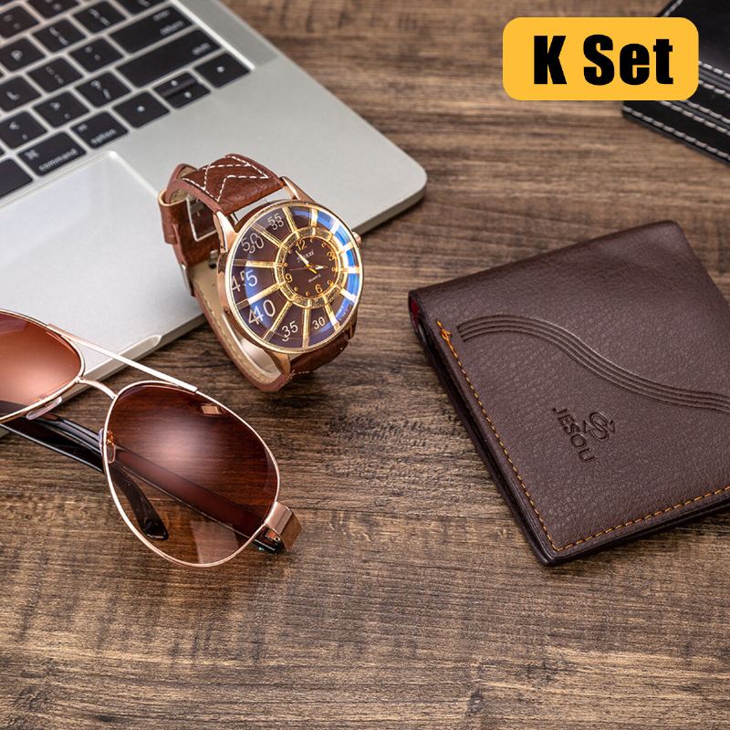 3 Stks Herenmode Geschenkset Zakelijke Stijl Quartz Horloge + Portemonnee + Zonnebril Set