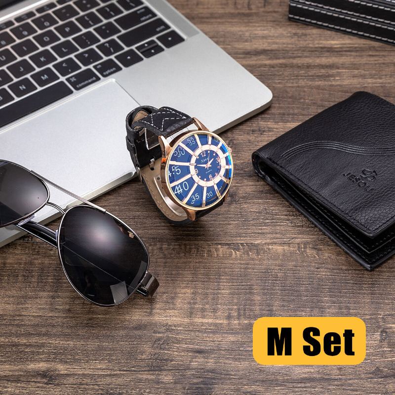 3 Stks Herenmode Geschenkset Zakelijke Stijl Quartz Horloge + Portemonnee + Zonnebril Set