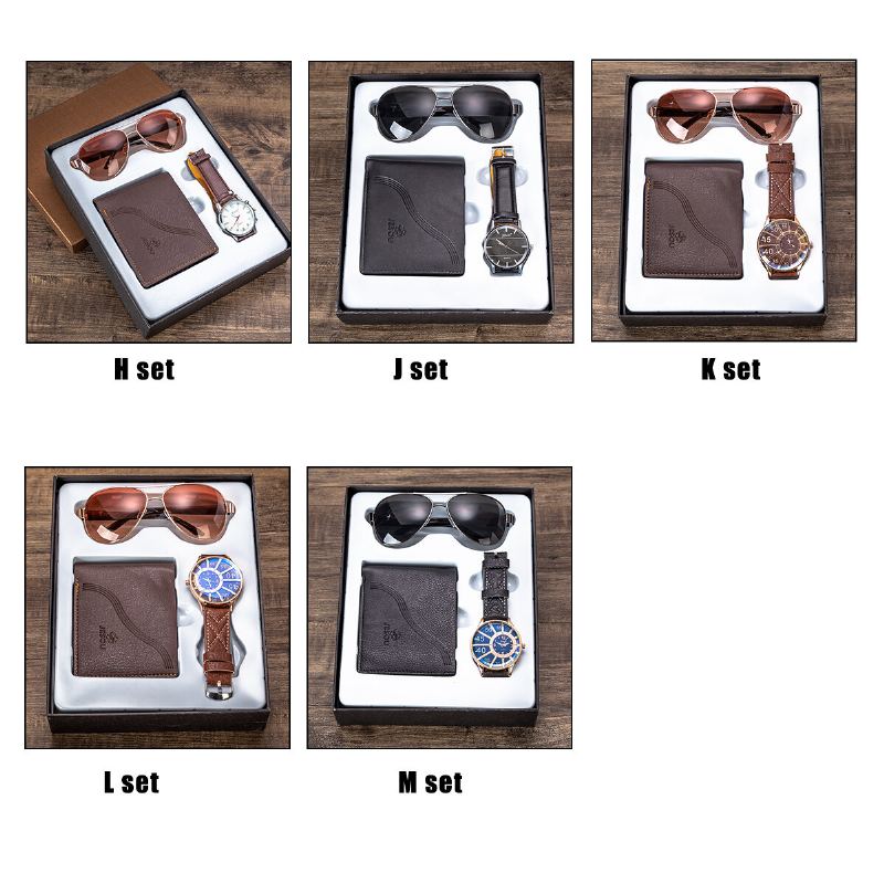 3 Stks Herenmode Geschenkset Zakelijke Stijl Quartz Horloge + Portemonnee + Zonnebril Set
