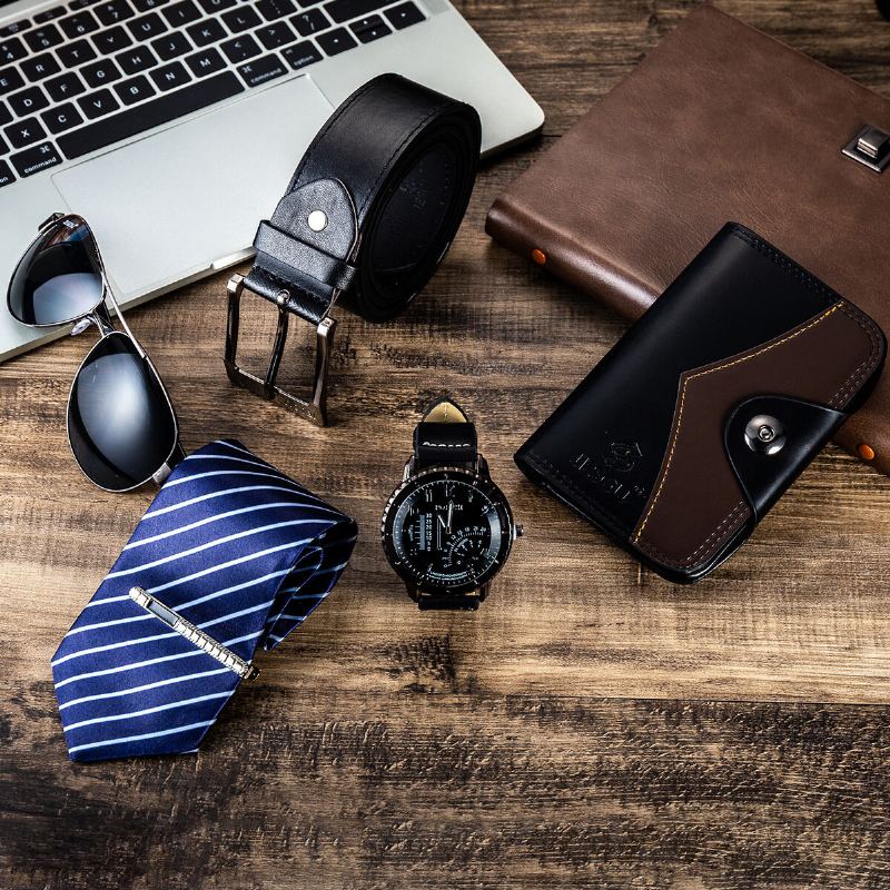 5 Stks/set Relatiegeschenk Kit Chronograaf Mannen Quartz Horloge Horloge Riem Portemonnee Bril Tie