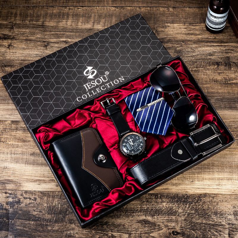 5 Stks/set Relatiegeschenk Kit Chronograaf Mannen Quartz Horloge Horloge Riem Portemonnee Bril Tie