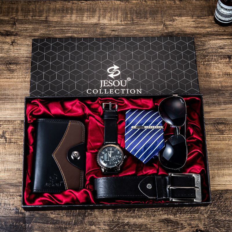 5 Stks/set Relatiegeschenk Kit Chronograaf Mannen Quartz Horloge Horloge Riem Portemonnee Bril Tie