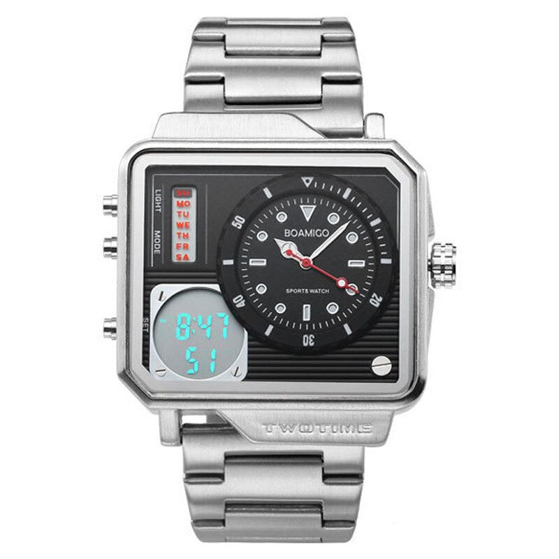 Creatief Heren Digitaal Horloge Grote Wijzerplaat Dual Tijdzone Led Licht Datum Weekweergave Roestvrij Stalen Band Dual Display Horloge