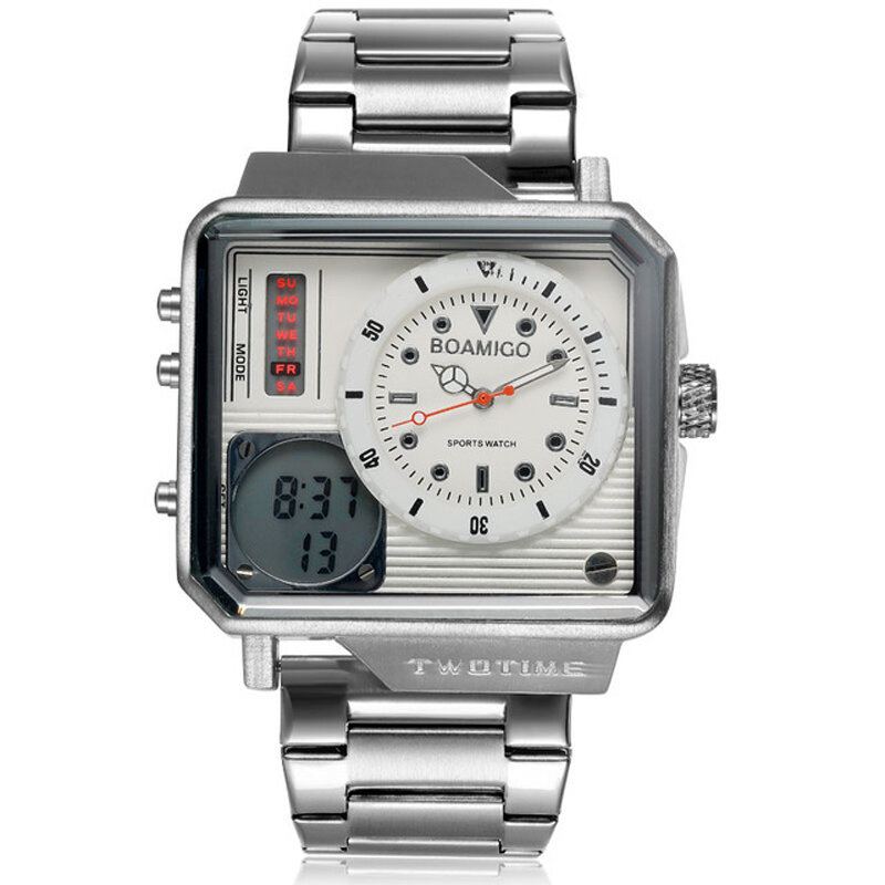 Creatief Heren Digitaal Horloge Grote Wijzerplaat Dual Tijdzone Led Licht Datum Weekweergave Roestvrij Stalen Band Dual Display Horloge