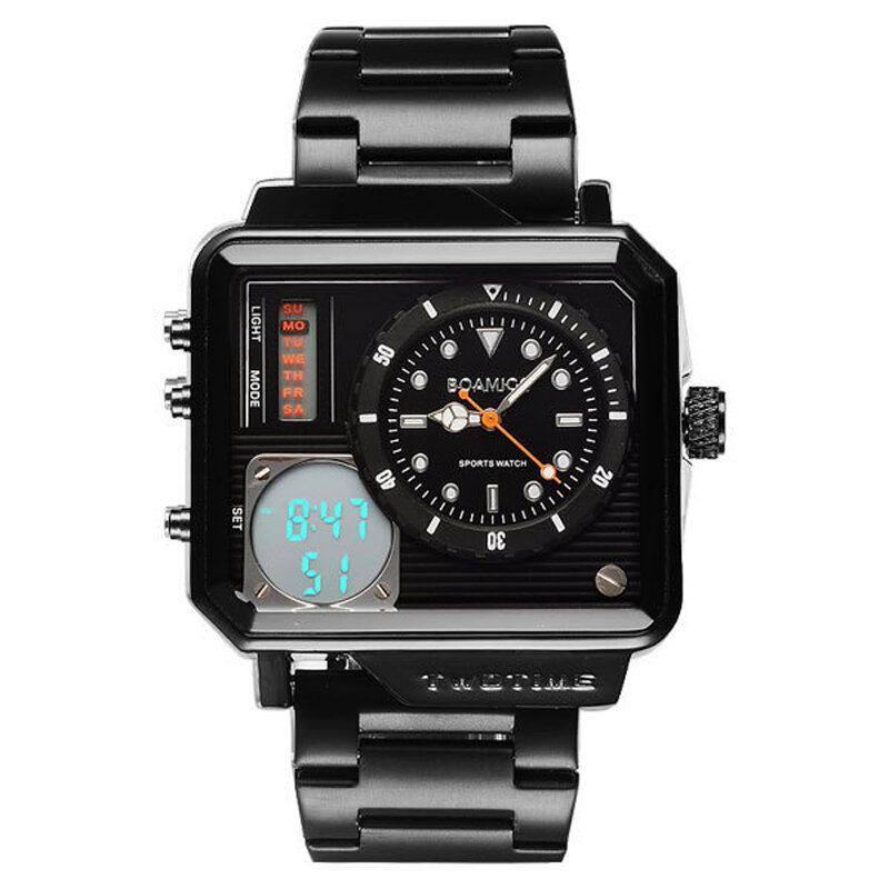 Creatief Heren Digitaal Horloge Grote Wijzerplaat Dual Tijdzone Led Licht Datum Weekweergave Roestvrij Stalen Band Dual Display Horloge