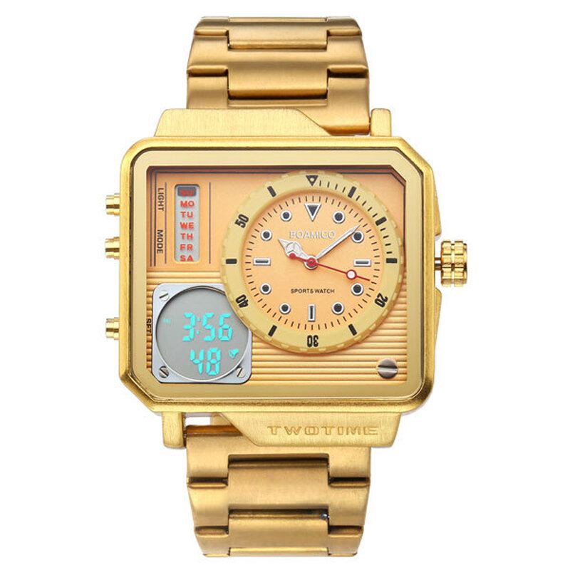 Creatief Heren Digitaal Horloge Grote Wijzerplaat Dual Tijdzone Led Licht Datum Weekweergave Roestvrij Stalen Band Dual Display Horloge