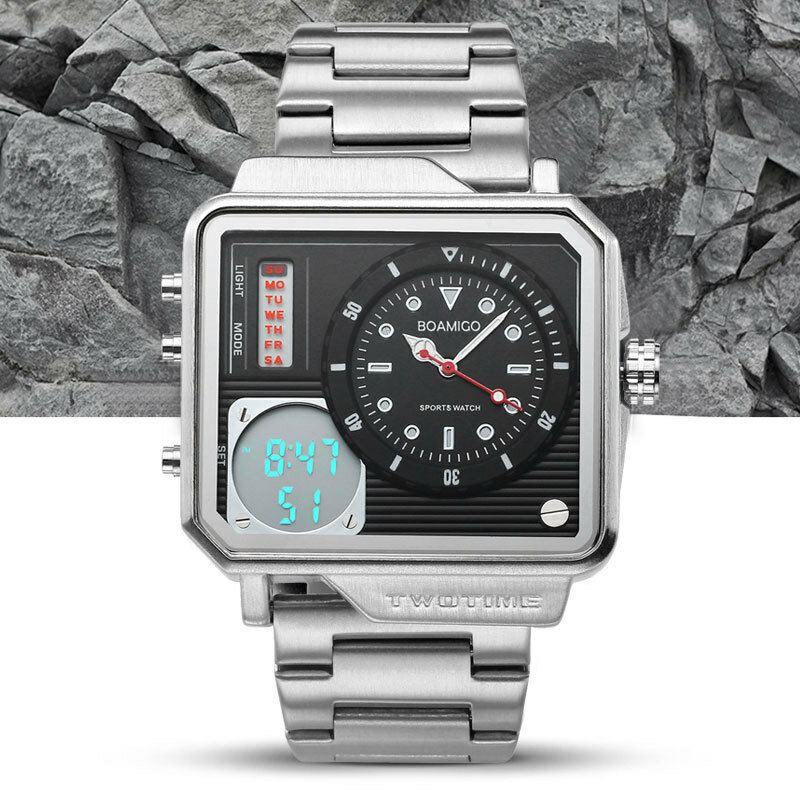Creatief Heren Digitaal Horloge Grote Wijzerplaat Dual Tijdzone Led Licht Datum Weekweergave Roestvrij Stalen Band Dual Display Horloge